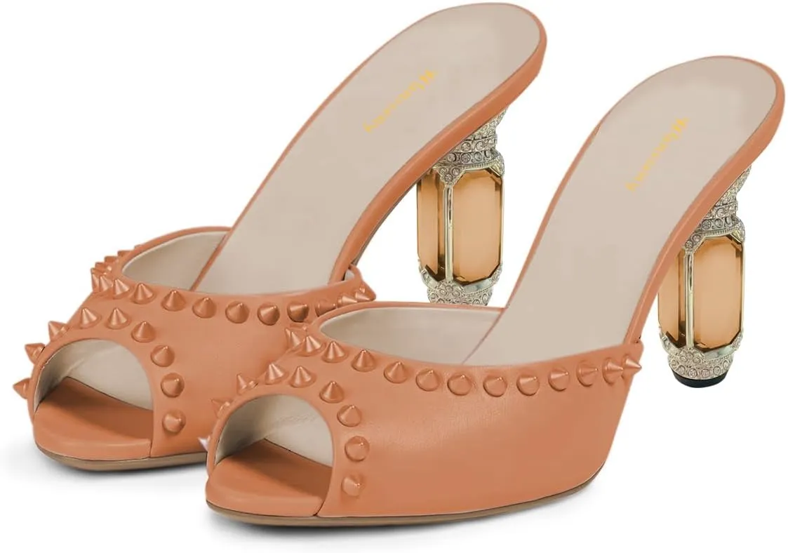 Women Graceful Studded Rivets Peep Toe Mules Crystal Mid Heel Slip On Ladies Fashion Casual Dress Shoes Size 4-16 US