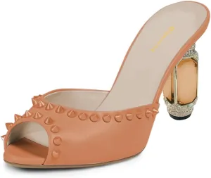 Women Graceful Studded Rivets Peep Toe Mules Crystal Mid Heel Slip On Ladies Fashion Casual Dress Shoes Size 4-16 US