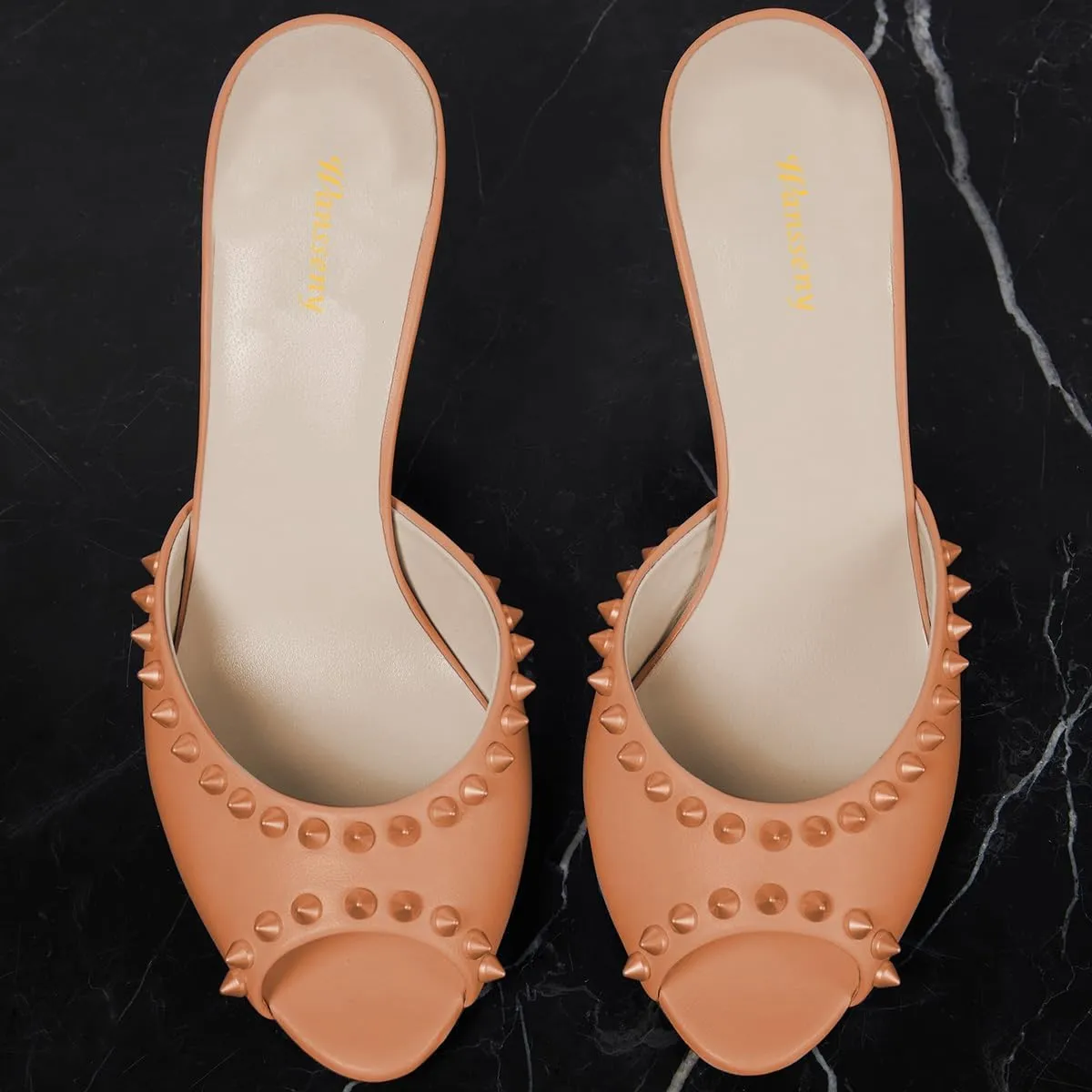 Women Graceful Studded Rivets Peep Toe Mules Crystal Mid Heel Slip On Ladies Fashion Casual Dress Shoes Size 4-16 US