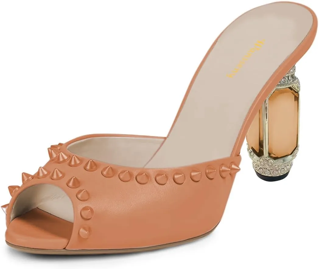 Women Graceful Studded Rivets Peep Toe Mules Crystal Mid Heel Slip On Ladies Fashion Casual Dress Shoes Size 4-16 US