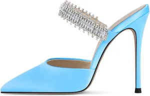Women Heeled Mules Rhinestone Embellished Strap Pointed Toe Mules Satin Stiletto High Heels Slip On Bridal Sandals for Women