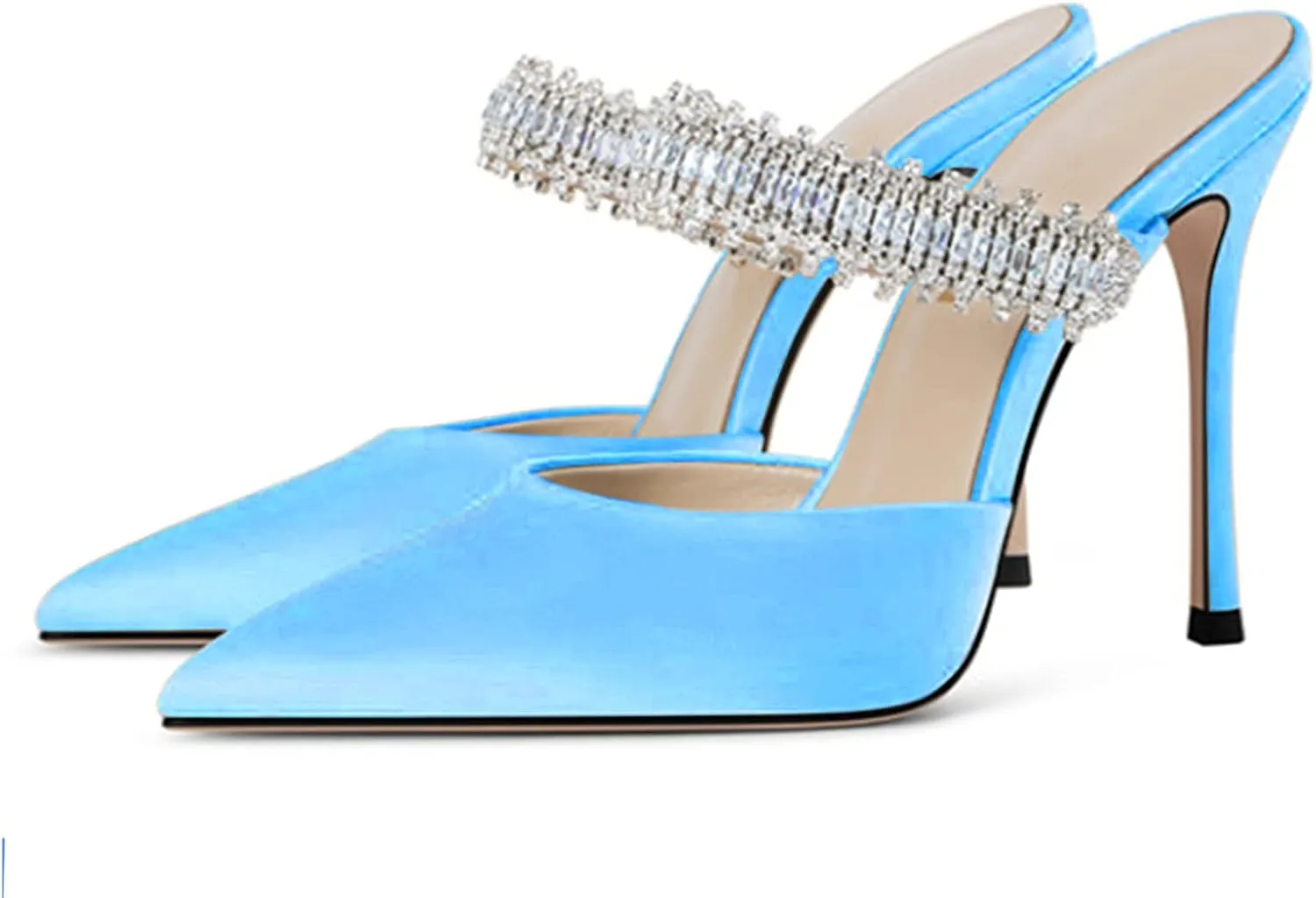 Women Heeled Mules Rhinestone Embellished Strap Pointed Toe Mules Satin Stiletto High Heels Slip On Bridal Sandals for Women