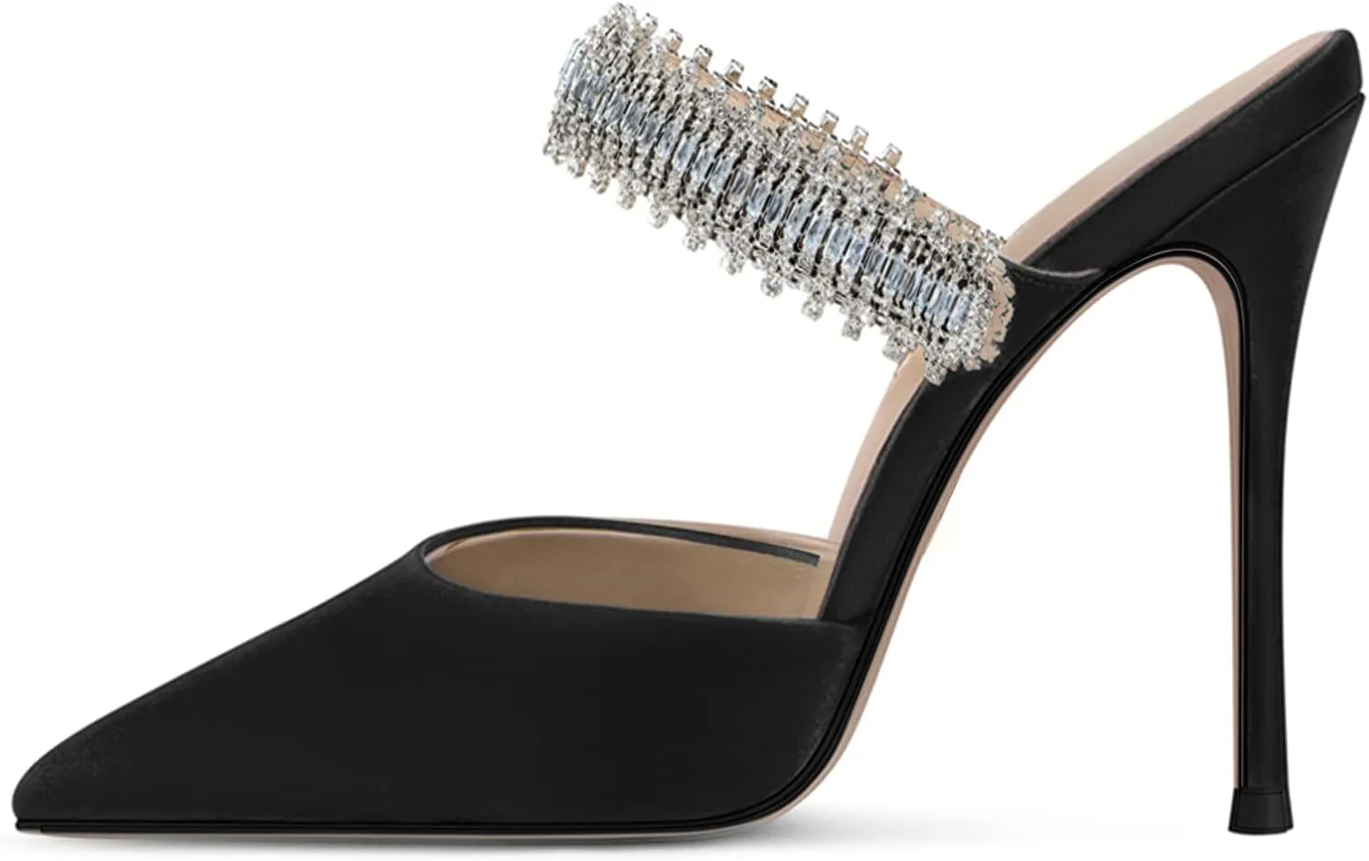 Women Heeled Mules Rhinestone Embellished Strap Pointed Toe Mules Satin Stiletto High Heels Slip On Bridal Sandals for Women