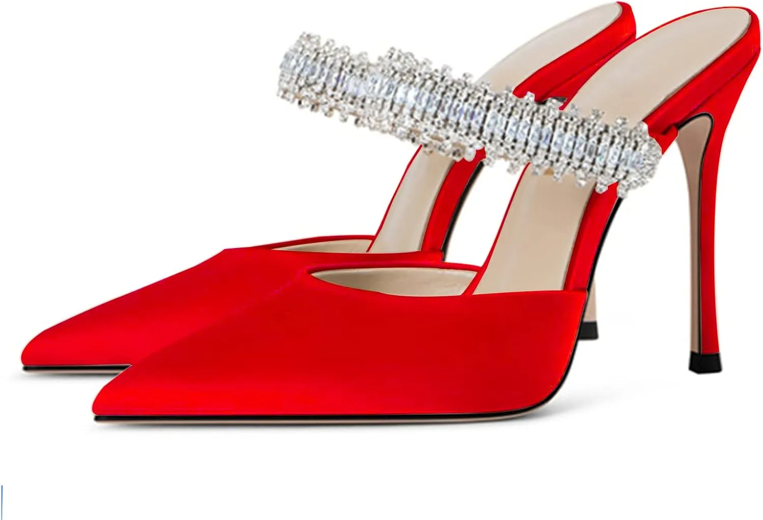 Women Heeled Mules Rhinestone Embellished Strap Pointed Toe Mules Satin Stiletto High Heels Slip On Bridal Sandals for Women