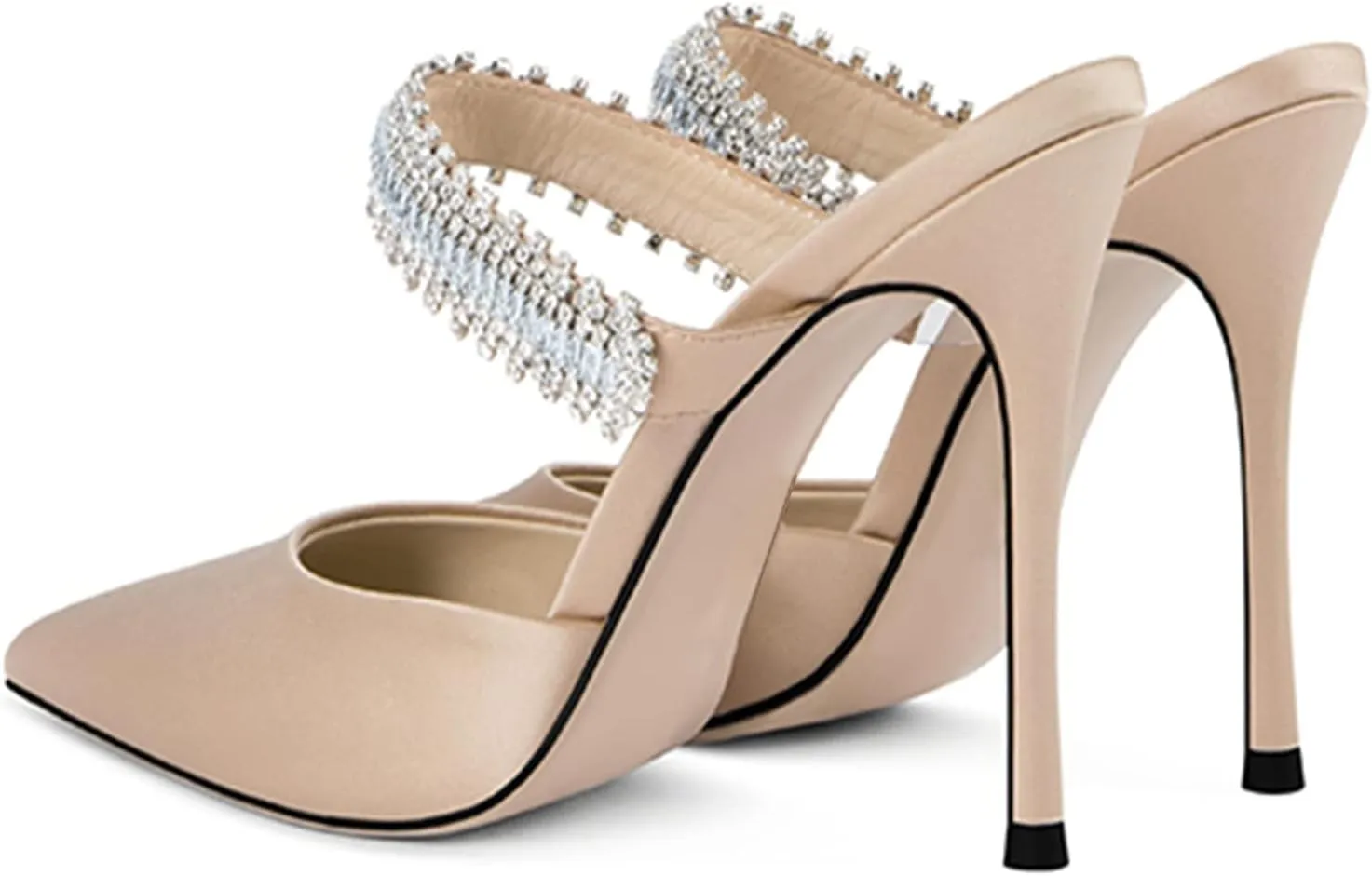 Women Heeled Mules Rhinestone Embellished Strap Pointed Toe Mules Satin Stiletto High Heels Slip On Bridal Sandals for Women