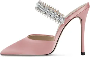 Women Heeled Mules Rhinestone Embellished Strap Pointed Toe Mules Satin Stiletto High Heels Slip On Bridal Sandals for Women