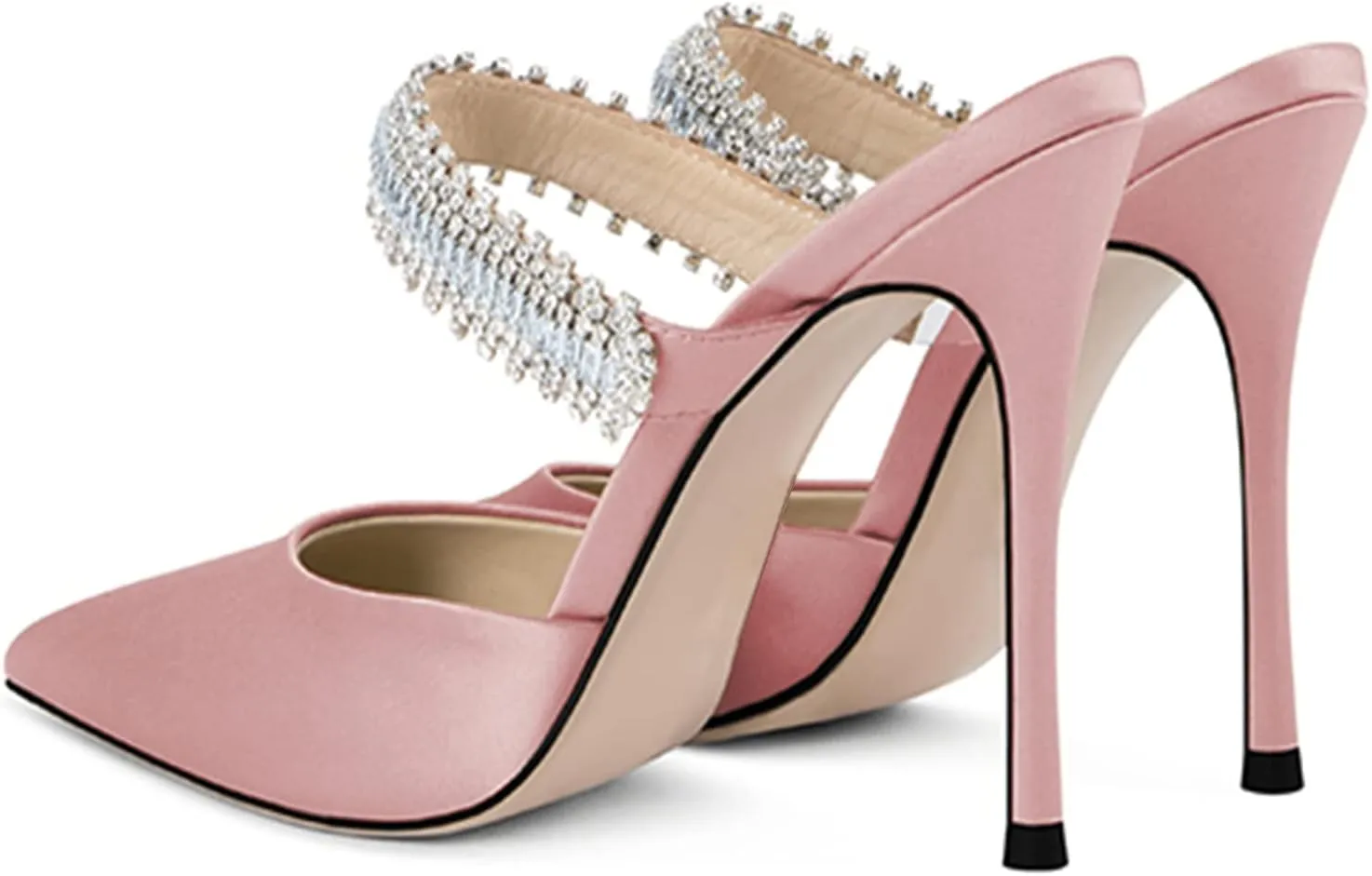 Women Heeled Mules Rhinestone Embellished Strap Pointed Toe Mules Satin Stiletto High Heels Slip On Bridal Sandals for Women