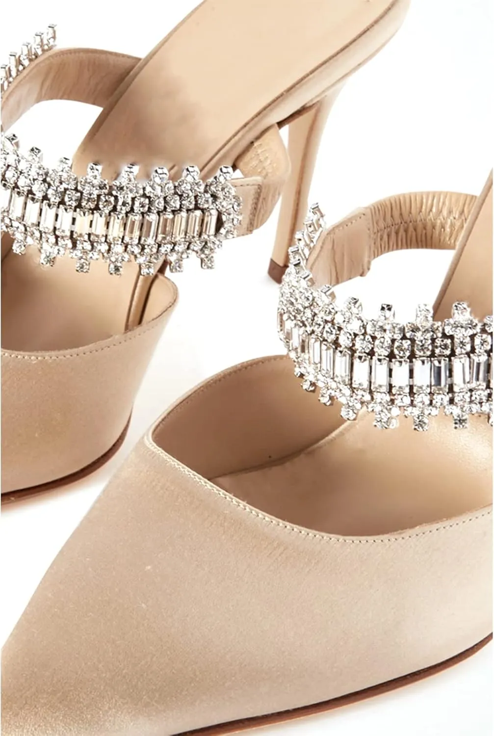Women Heeled Mules Rhinestone Embellished Strap Pointed Toe Mules Satin Stiletto High Heels Slip On Bridal Sandals for Women