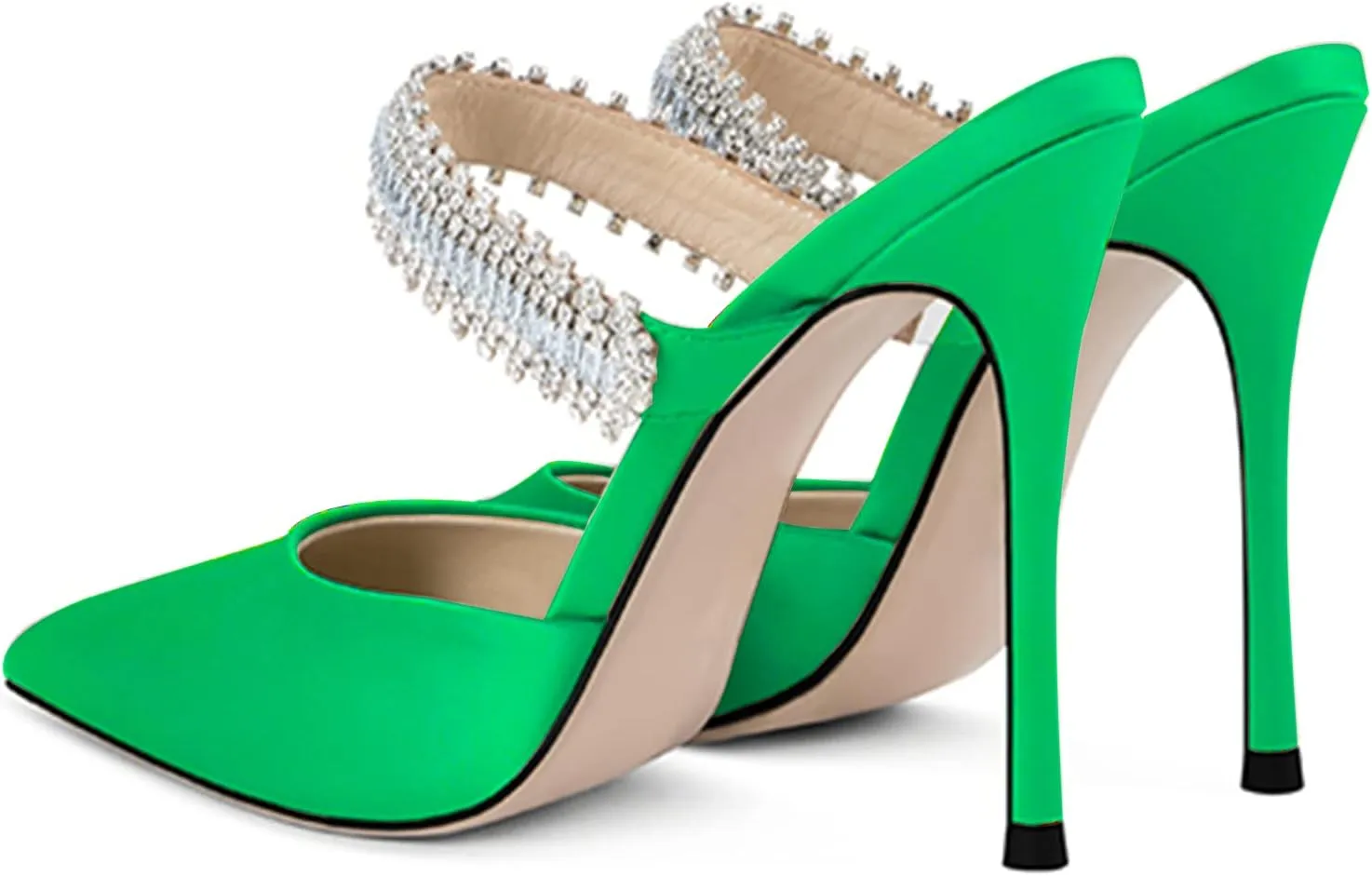Women Heeled Mules Rhinestone Embellished Strap Pointed Toe Mules Satin Stiletto High Heels Slip On Bridal Sandals for Women