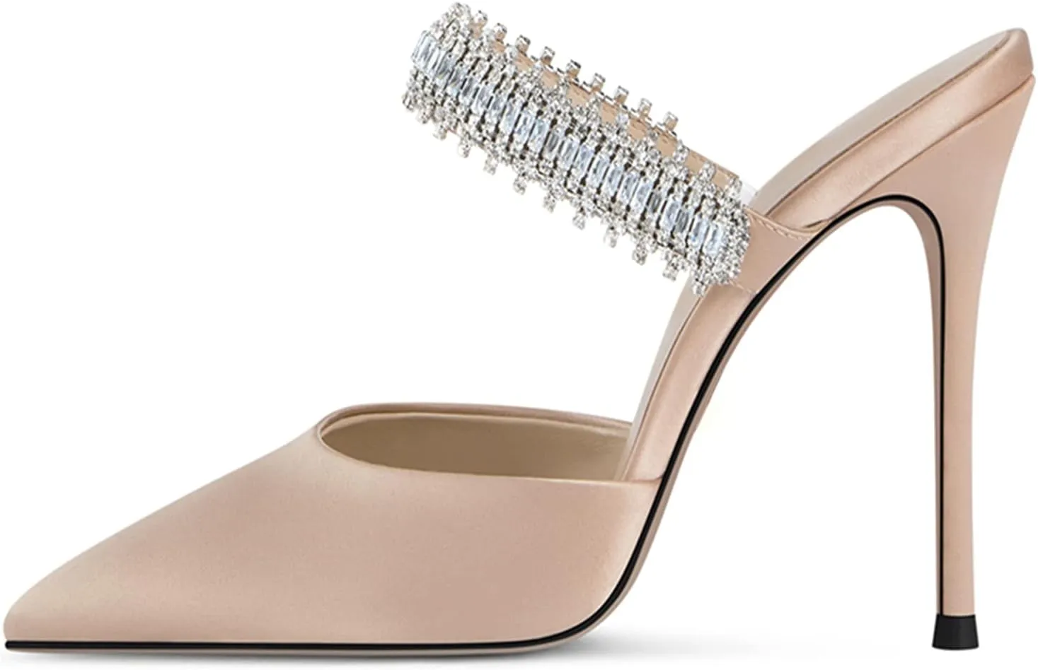 Women Heeled Mules Rhinestone Embellished Strap Pointed Toe Mules Satin Stiletto High Heels Slip On Bridal Sandals for Women