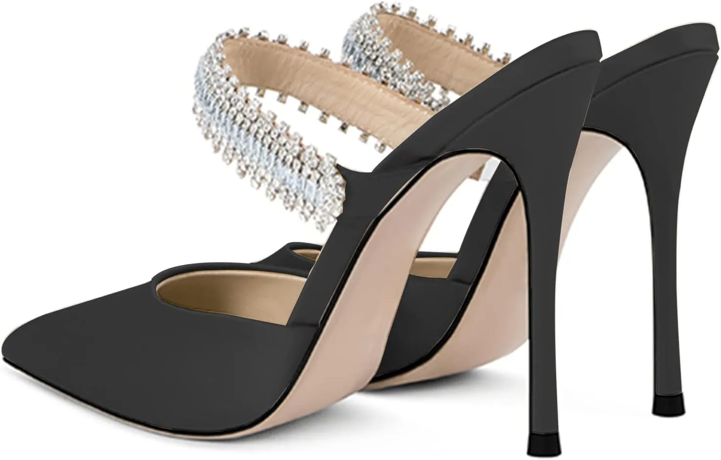 Women Heeled Mules Rhinestone Embellished Strap Pointed Toe Mules Satin Stiletto High Heels Slip On Bridal Sandals for Women