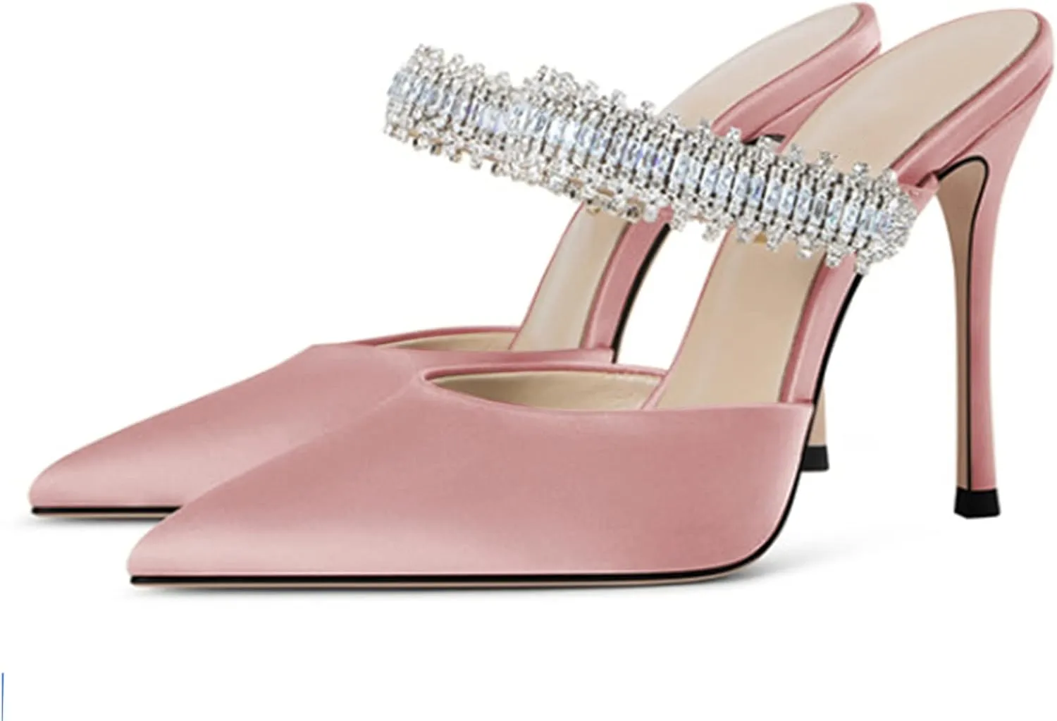 Women Heeled Mules Rhinestone Embellished Strap Pointed Toe Mules Satin Stiletto High Heels Slip On Bridal Sandals for Women