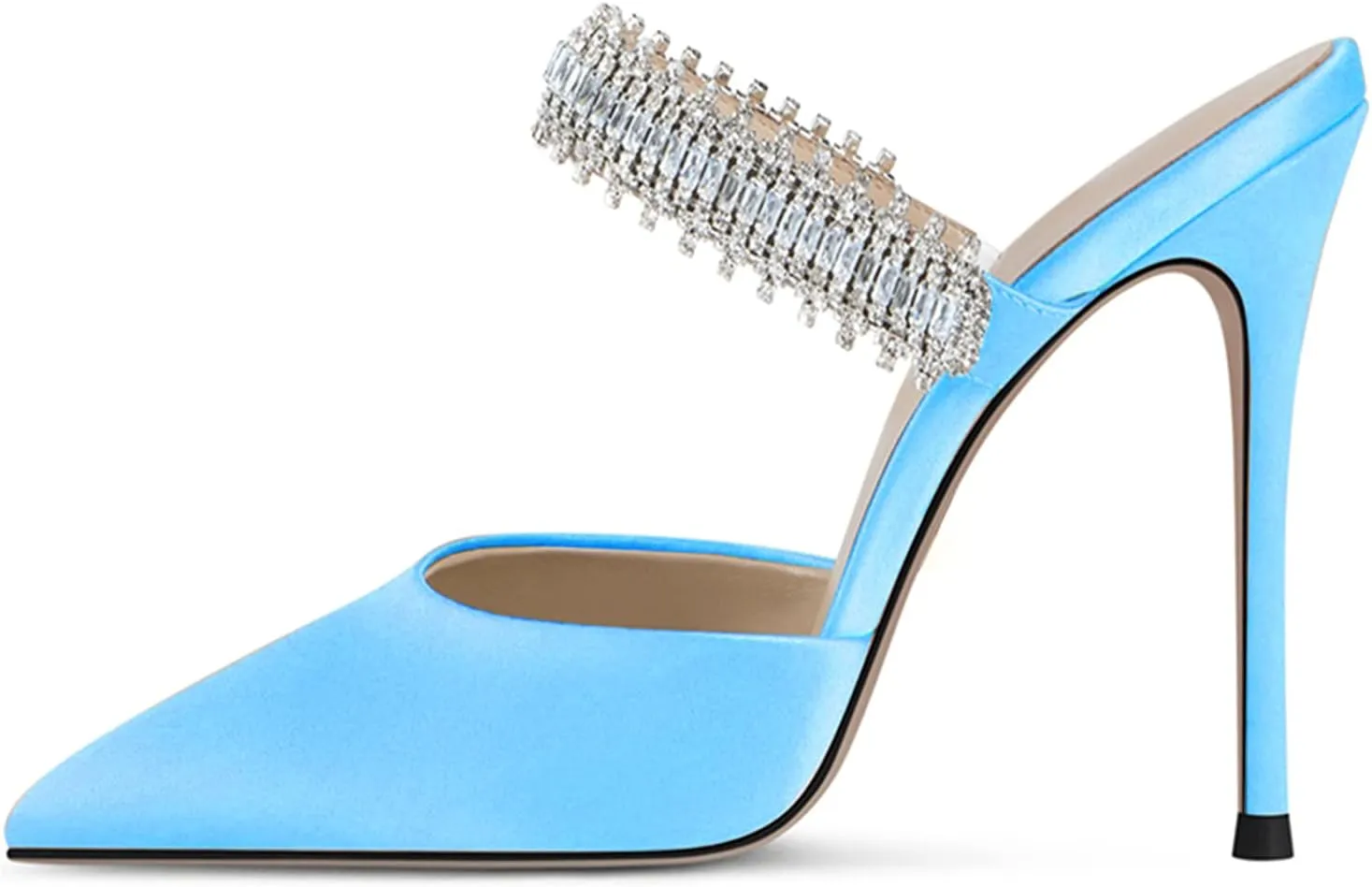 Women Heeled Mules Rhinestone Embellished Strap Pointed Toe Mules Satin Stiletto High Heels Slip On Bridal Sandals for Women