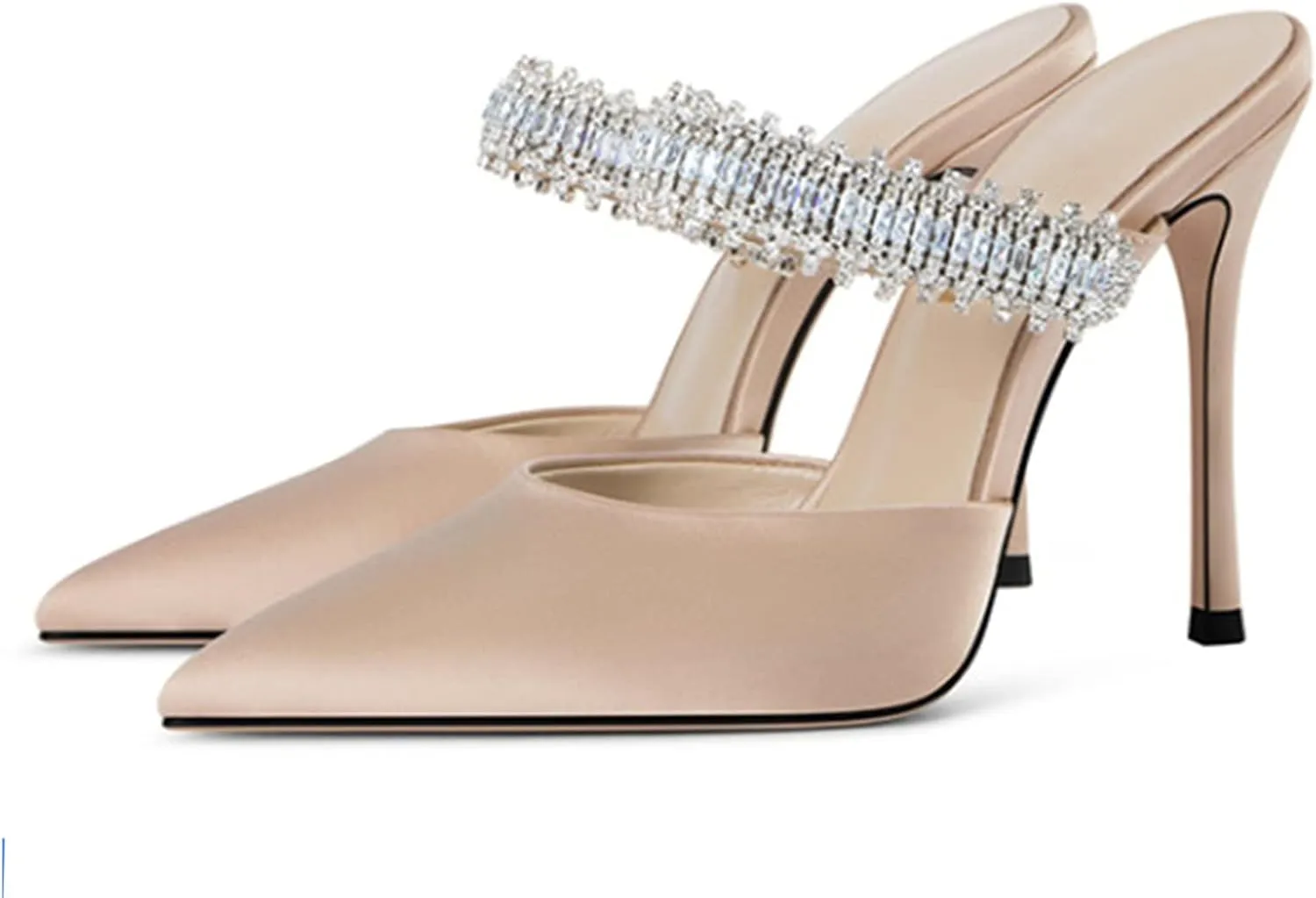 Women Heeled Mules Rhinestone Embellished Strap Pointed Toe Mules Satin Stiletto High Heels Slip On Bridal Sandals for Women
