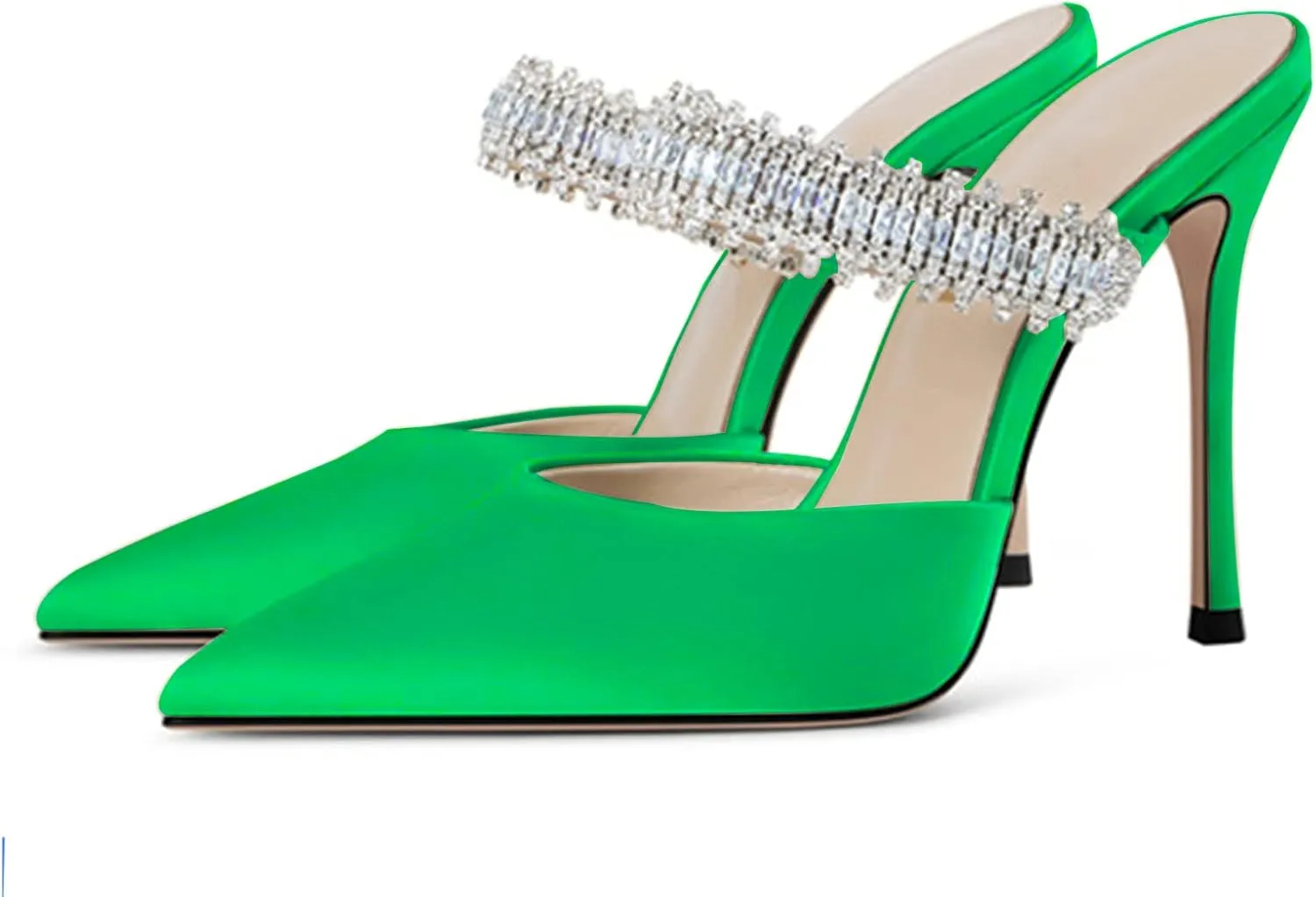 Women Heeled Mules Rhinestone Embellished Strap Pointed Toe Mules Satin Stiletto High Heels Slip On Bridal Sandals for Women