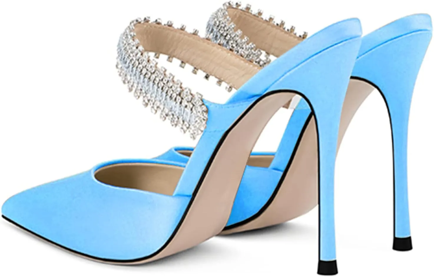 Women Heeled Mules Rhinestone Embellished Strap Pointed Toe Mules Satin Stiletto High Heels Slip On Bridal Sandals for Women