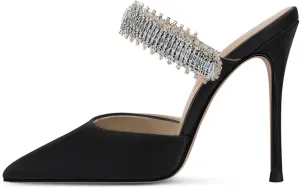 Women Heeled Mules Rhinestone Embellished Strap Pointed Toe Mules Satin Stiletto High Heels Slip On Bridal Sandals for Women