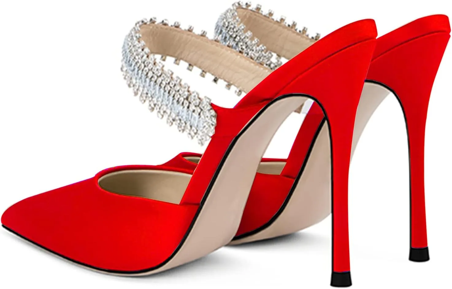 Women Heeled Mules Rhinestone Embellished Strap Pointed Toe Mules Satin Stiletto High Heels Slip On Bridal Sandals for Women