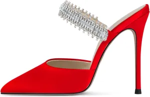 Women Heeled Mules Rhinestone Embellished Strap Pointed Toe Mules Satin Stiletto High Heels Slip On Bridal Sandals for Women