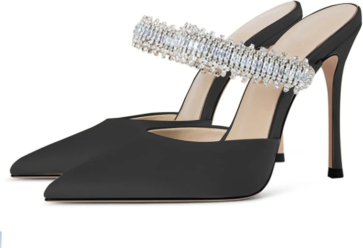 Women Heeled Mules Rhinestone Embellished Strap Pointed Toe Mules Satin Stiletto High Heels Slip On Bridal Sandals for Women