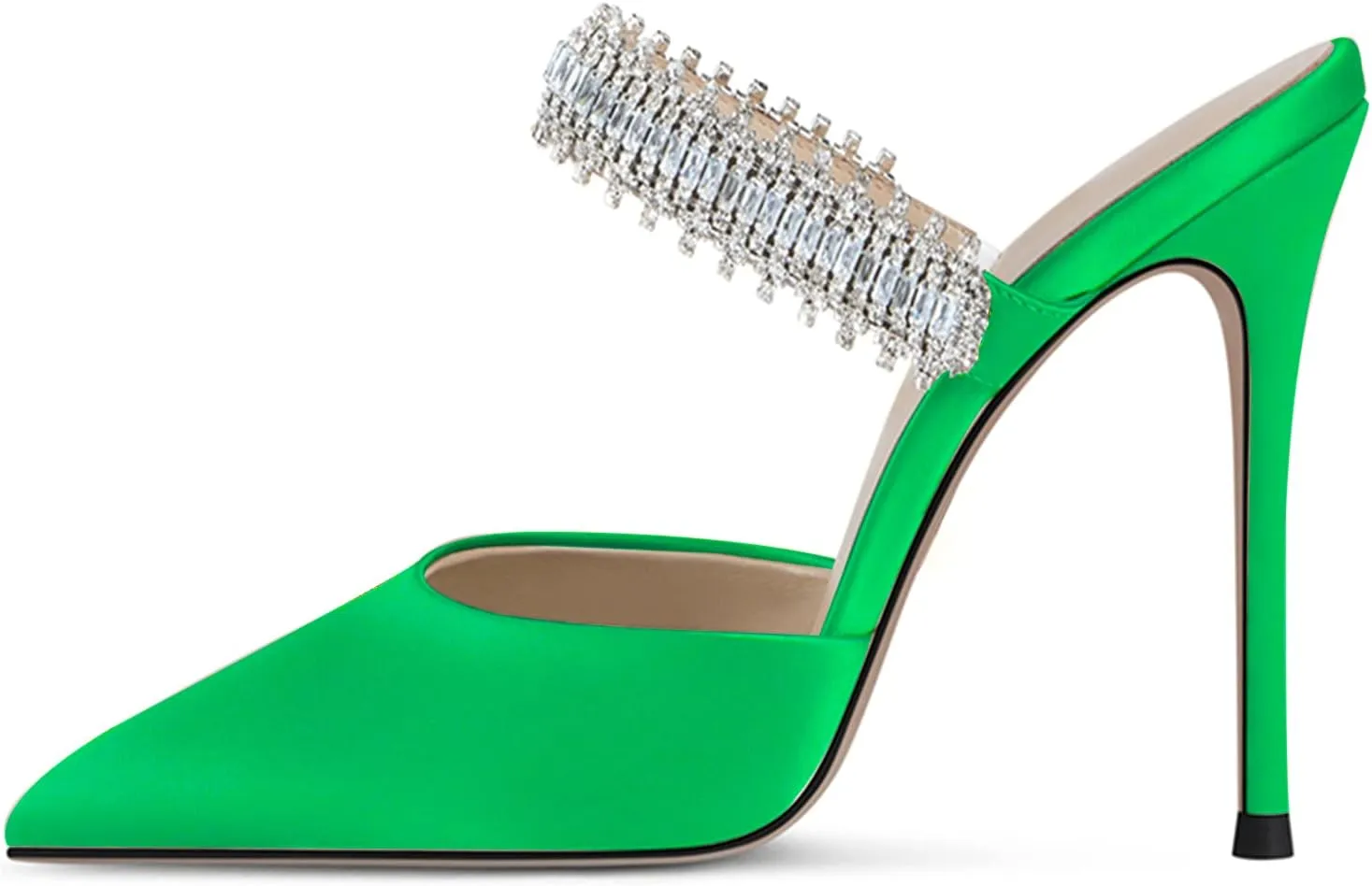 Women Heeled Mules Rhinestone Embellished Strap Pointed Toe Mules Satin Stiletto High Heels Slip On Bridal Sandals for Women