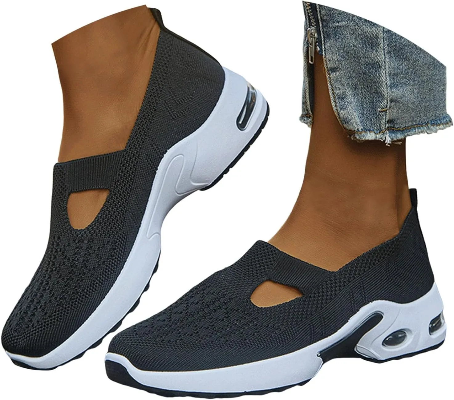Women Knit Mesh Orthopedic Shoes Slip-On Air Cushion Walking Shoes Lightweight Breathe Arch Support Anti-Skid Sports Loafers