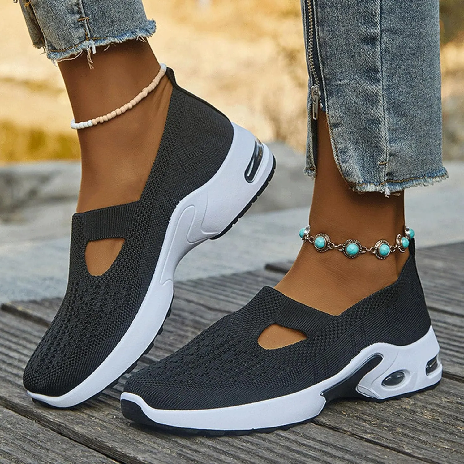 Women Knit Mesh Orthopedic Shoes Slip-On Air Cushion Walking Shoes Lightweight Breathe Arch Support Anti-Skid Sports Loafers