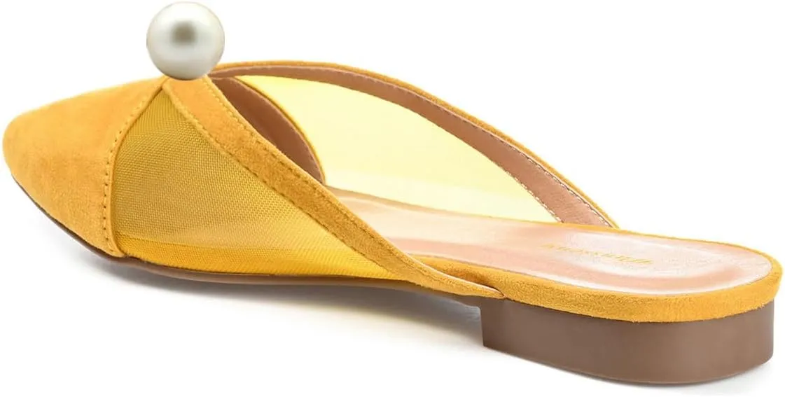 Women Pearl Decoration Pointed Toe Mesh Slippers Comfortable Flat Heel Casual Daily Indoor Outdoor Shoes Size 4-16 US