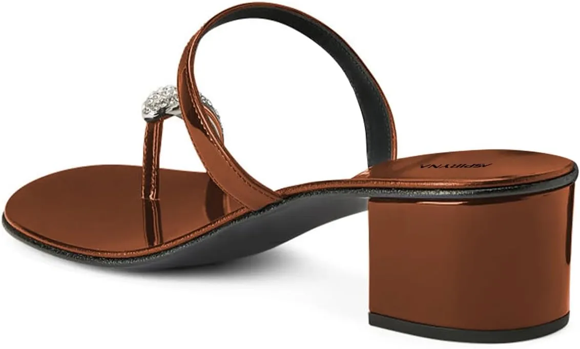 Women Rhinestone Studded Toe Ring Single Strap Mules Slip on Block Low Heel Slippers Chic Casual Daily Slide Sandals Size 4-16 US