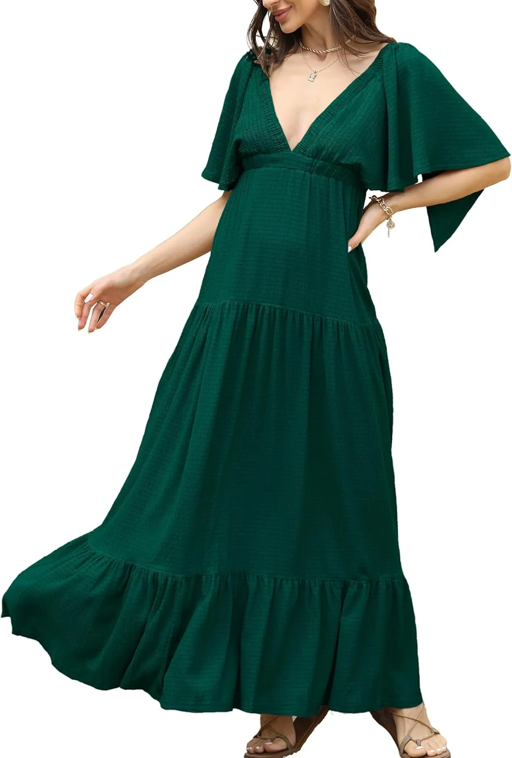 Women Summer Dresses Sexy V-Neck Maxi Dress Tiered Silhouette with Flutter Sleeve Backless Elastic Waist Flowy Dress