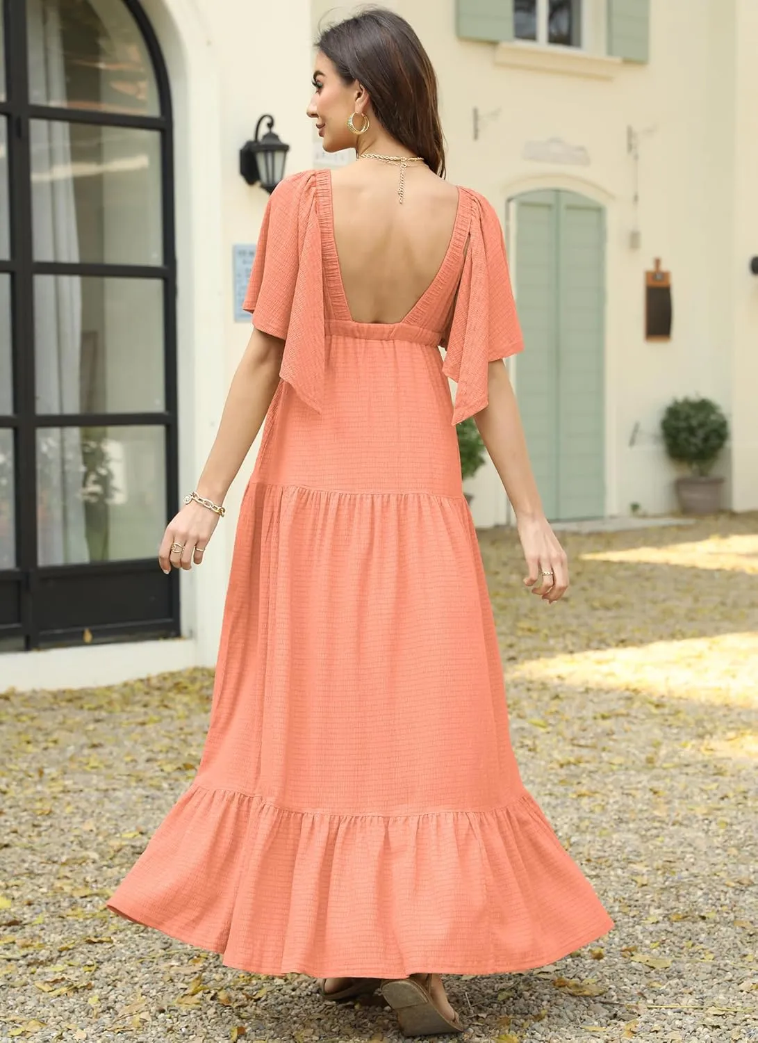 Women Summer Dresses Sexy V-Neck Maxi Dress Tiered Silhouette with Flutter Sleeve Backless Elastic Waist Flowy Dress