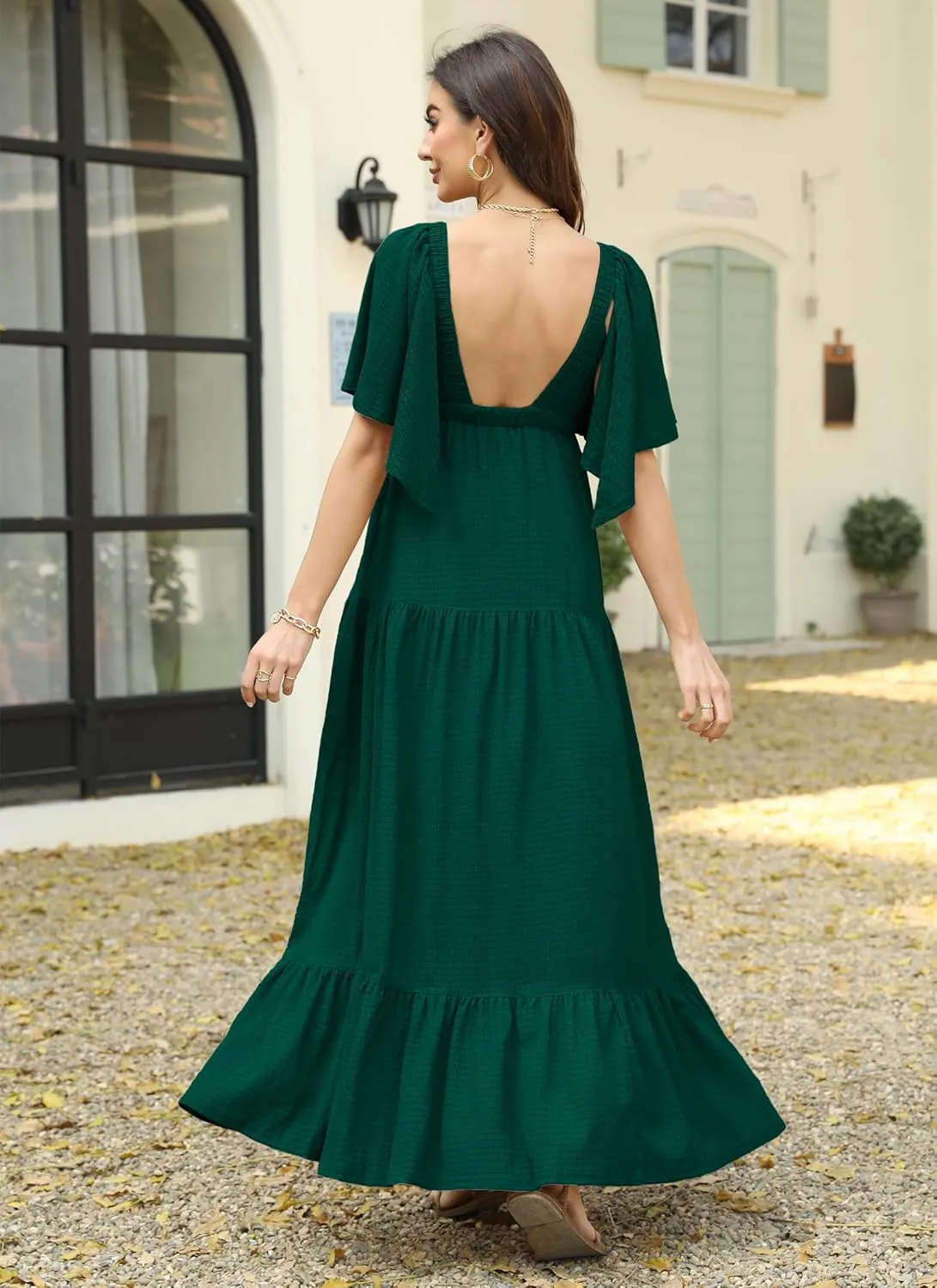 Women Summer Dresses Sexy V-Neck Maxi Dress Tiered Silhouette with Flutter Sleeve Backless Elastic Waist Flowy Dress
