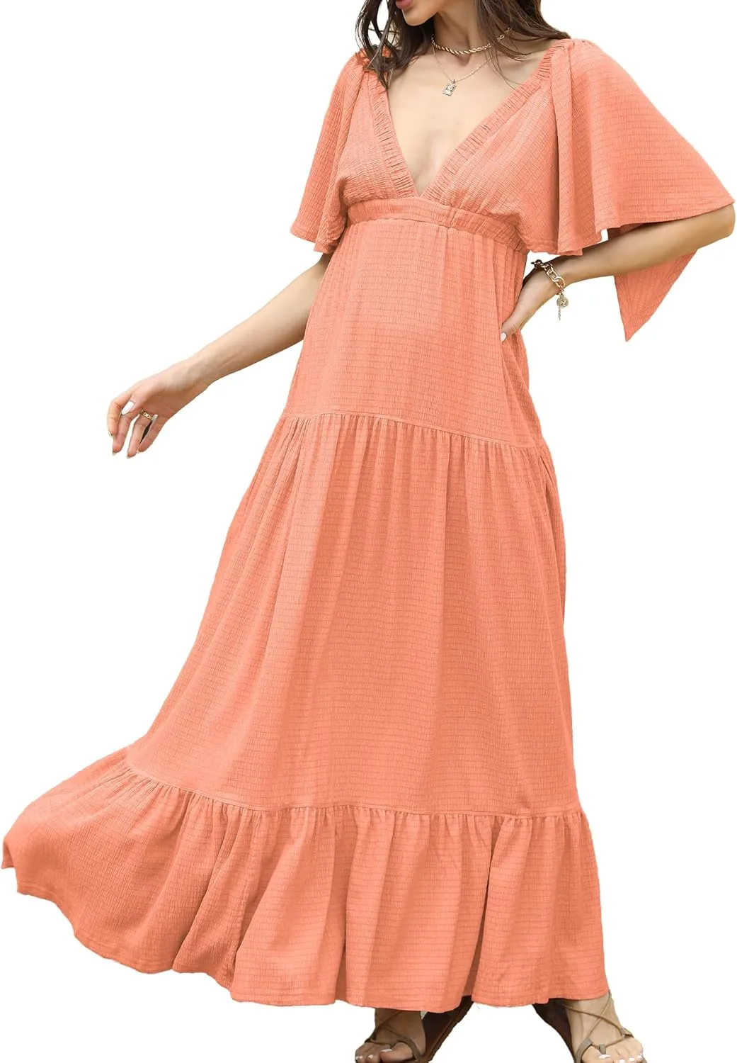 Women Summer Dresses Sexy V-Neck Maxi Dress Tiered Silhouette with Flutter Sleeve Backless Elastic Waist Flowy Dress