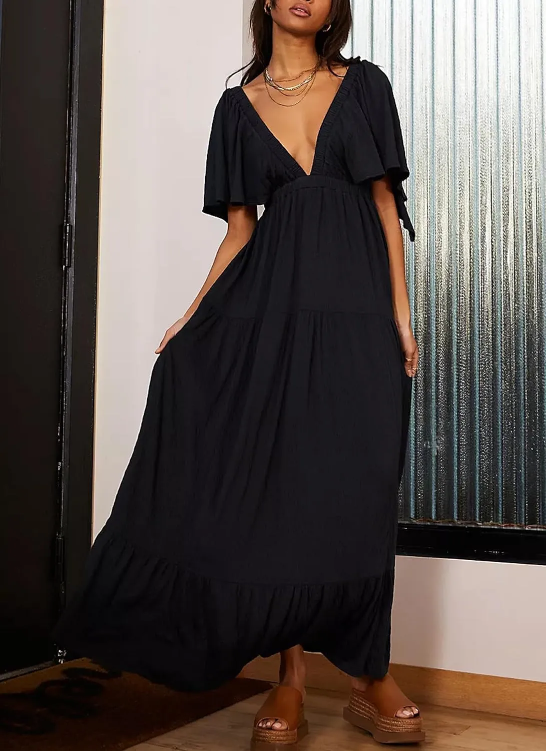Women Summer Dresses Sexy V-Neck Maxi Dress Tiered Silhouette with Flutter Sleeve Backless Elastic Waist Flowy Dress