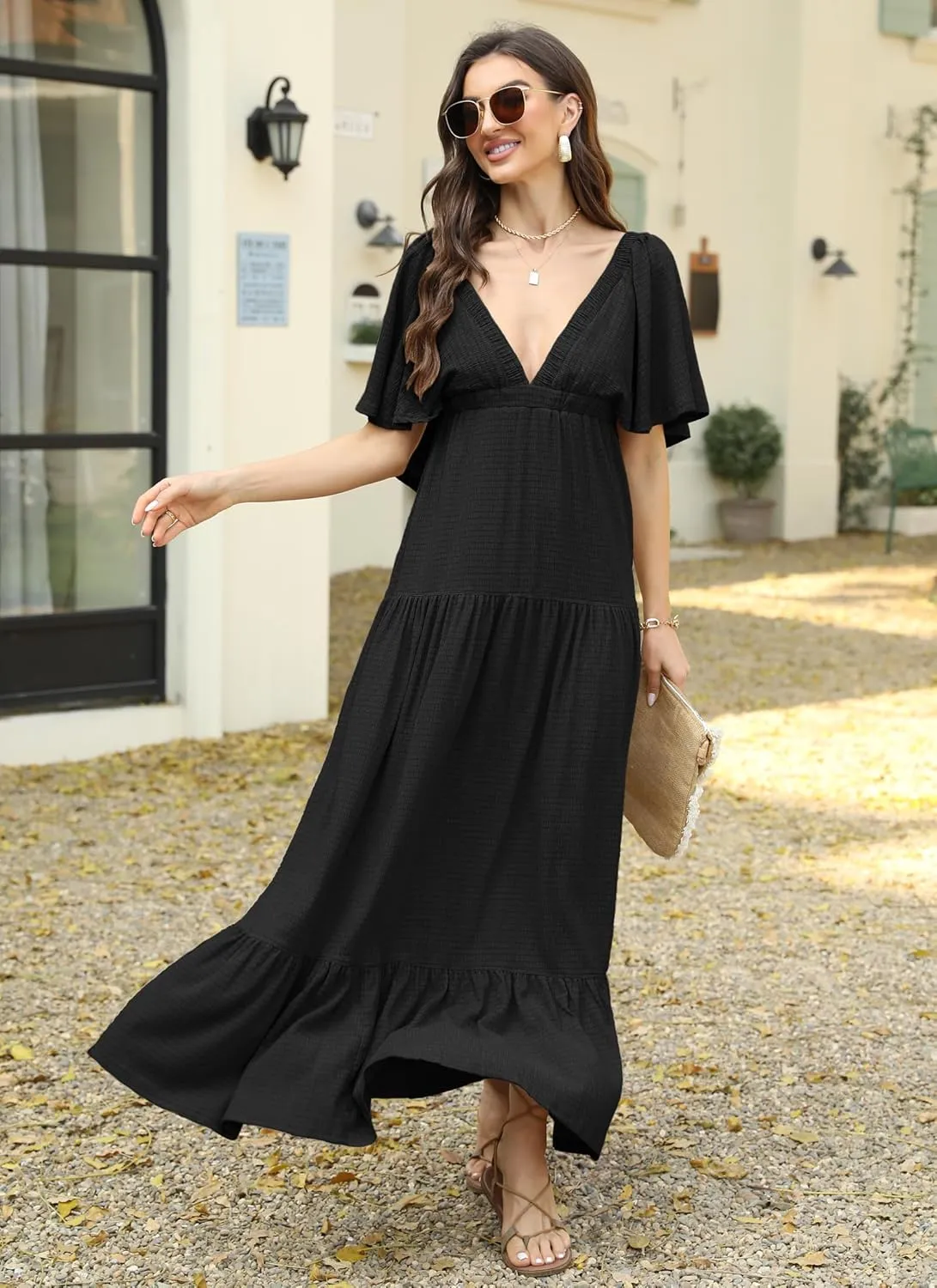 Women Summer Dresses Sexy V-Neck Maxi Dress Tiered Silhouette with Flutter Sleeve Backless Elastic Waist Flowy Dress