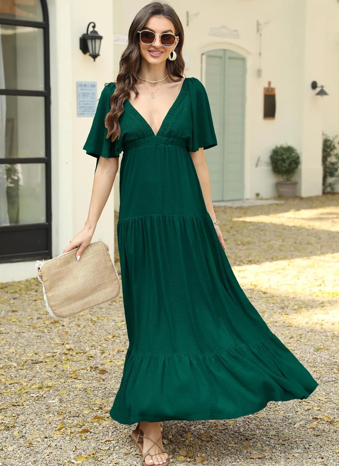 Women Summer Dresses Sexy V-Neck Maxi Dress Tiered Silhouette with Flutter Sleeve Backless Elastic Waist Flowy Dress