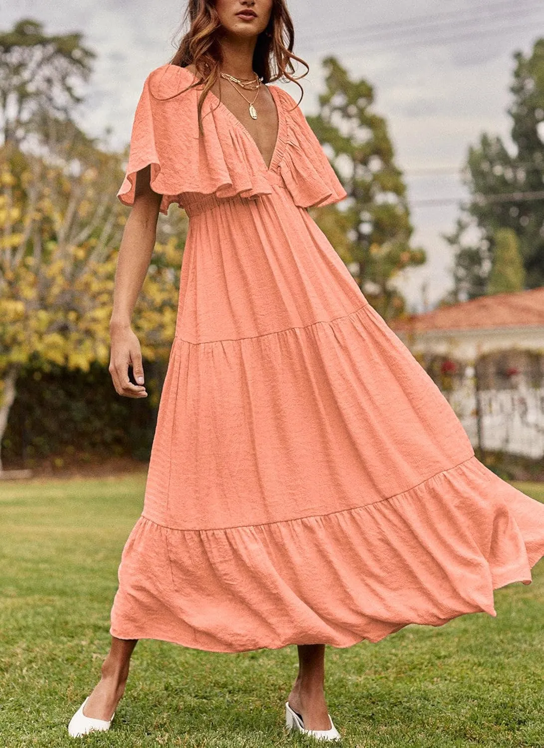 Women Summer Dresses Sexy V-Neck Maxi Dress Tiered Silhouette with Flutter Sleeve Backless Elastic Waist Flowy Dress