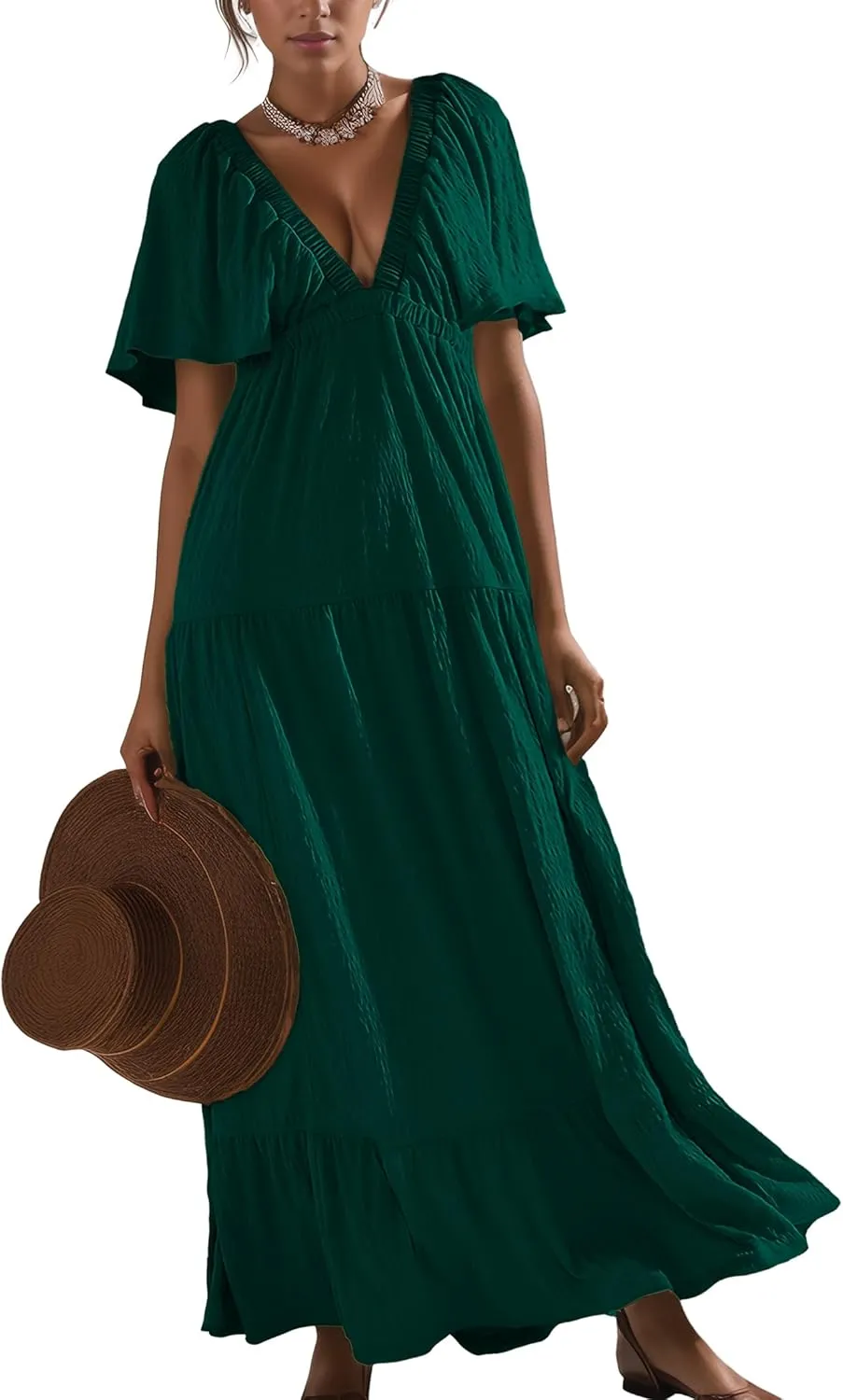 Women Summer Dresses Sexy V-Neck Maxi Dress Tiered Silhouette with Flutter Sleeve Backless Elastic Waist Flowy Dress
