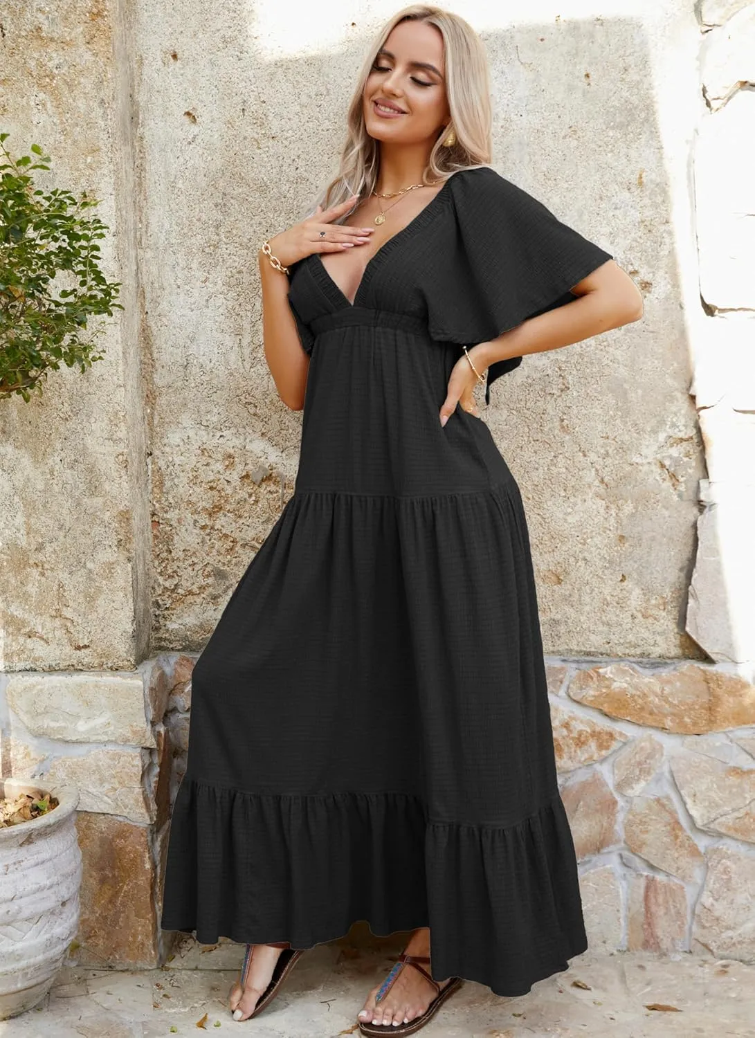 Women Summer Dresses Sexy V-Neck Maxi Dress Tiered Silhouette with Flutter Sleeve Backless Elastic Waist Flowy Dress