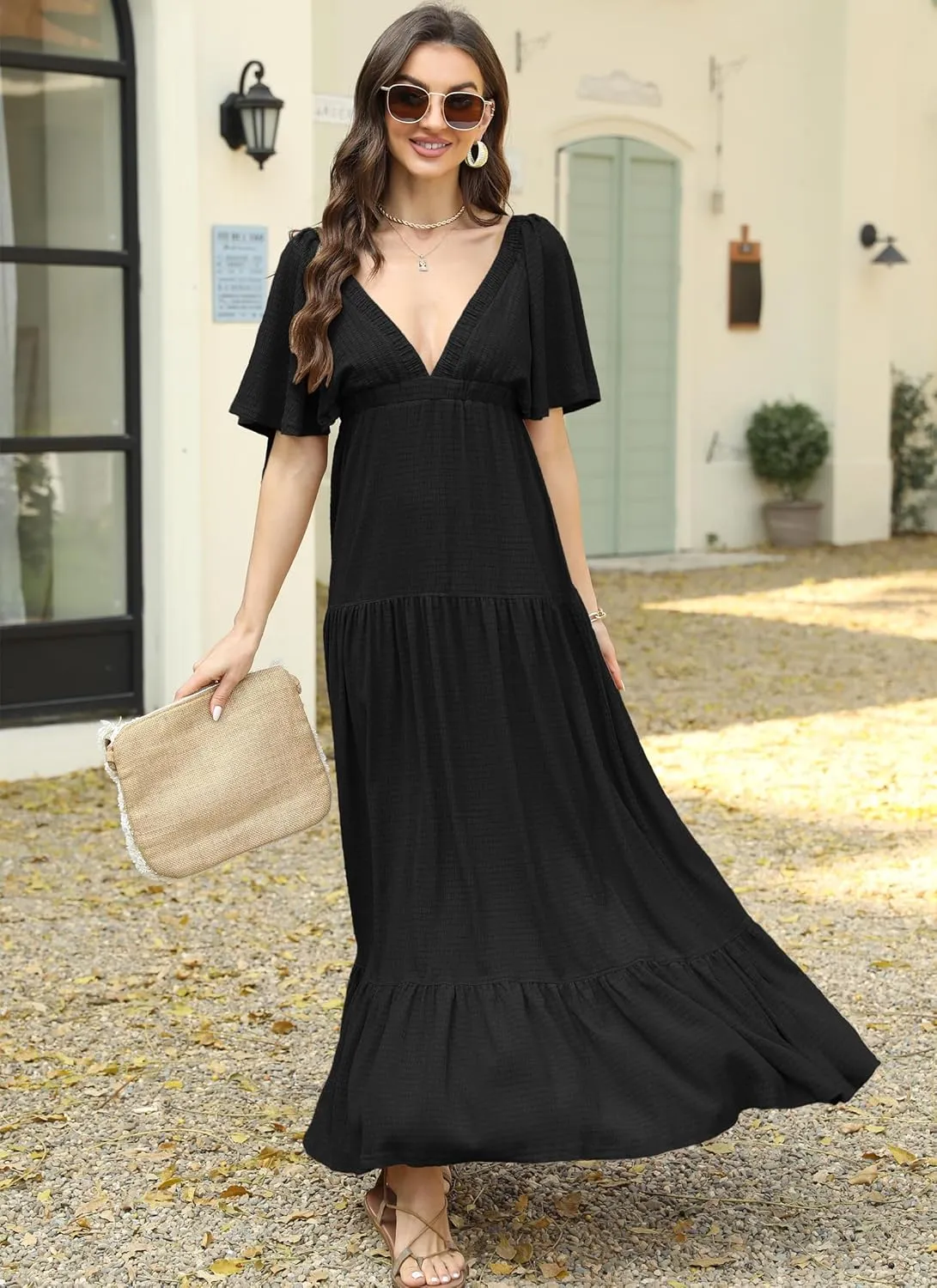 Women Summer Dresses Sexy V-Neck Maxi Dress Tiered Silhouette with Flutter Sleeve Backless Elastic Waist Flowy Dress
