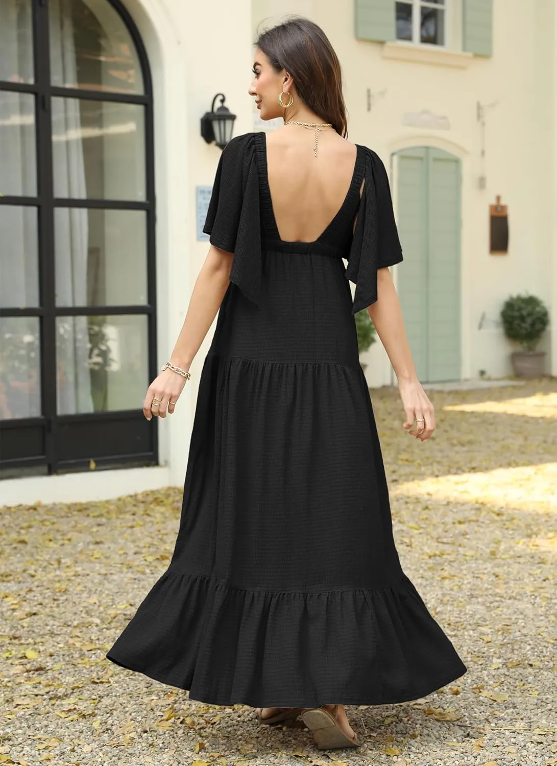 Women Summer Dresses Sexy V-Neck Maxi Dress Tiered Silhouette with Flutter Sleeve Backless Elastic Waist Flowy Dress