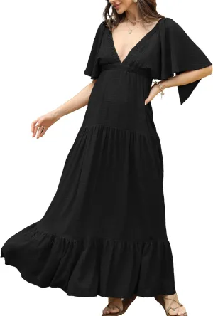 Women Summer Dresses Sexy V-Neck Maxi Dress Tiered Silhouette with Flutter Sleeve Backless Elastic Waist Flowy Dress