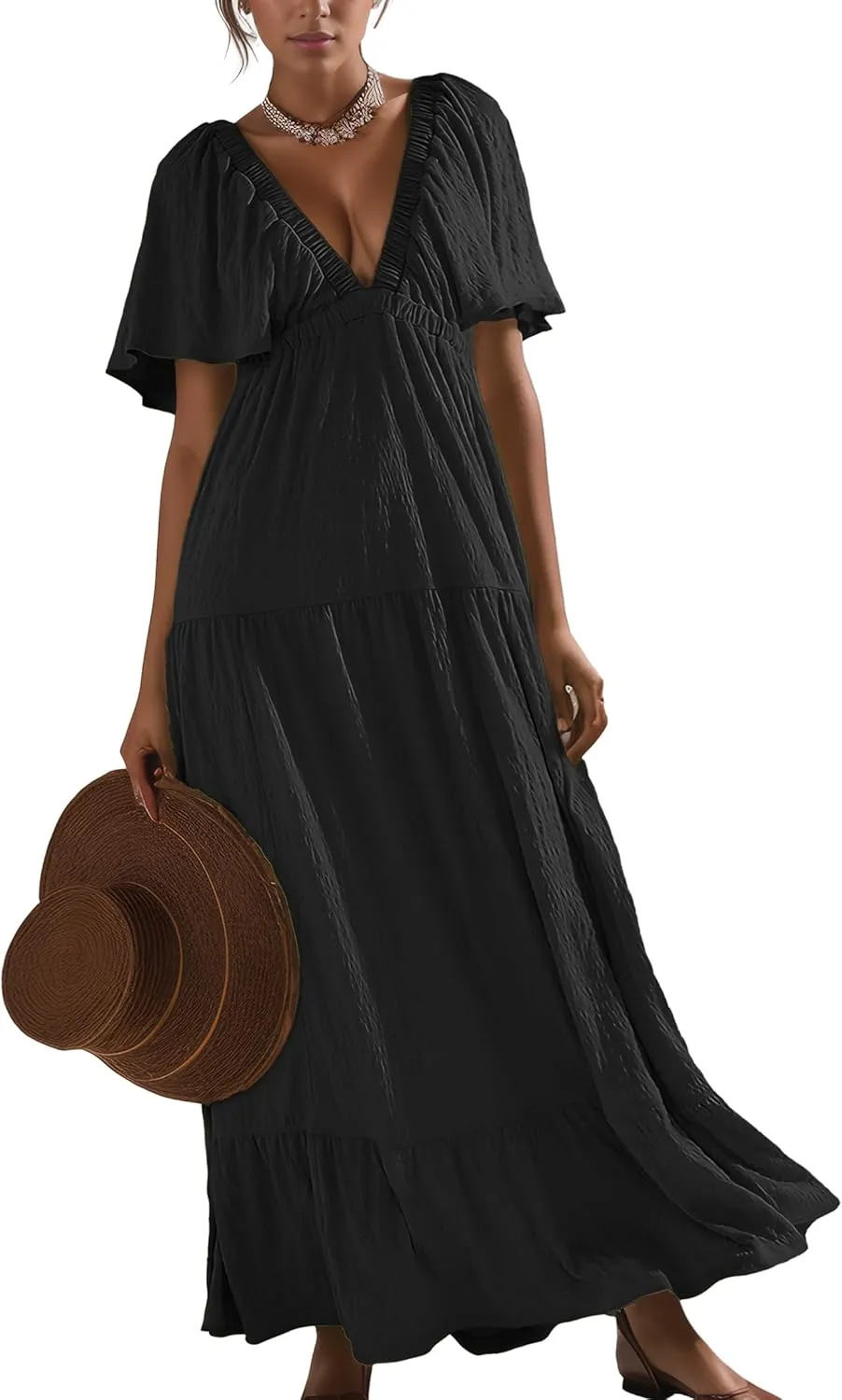 Women Summer Dresses Sexy V-Neck Maxi Dress Tiered Silhouette with Flutter Sleeve Backless Elastic Waist Flowy Dress