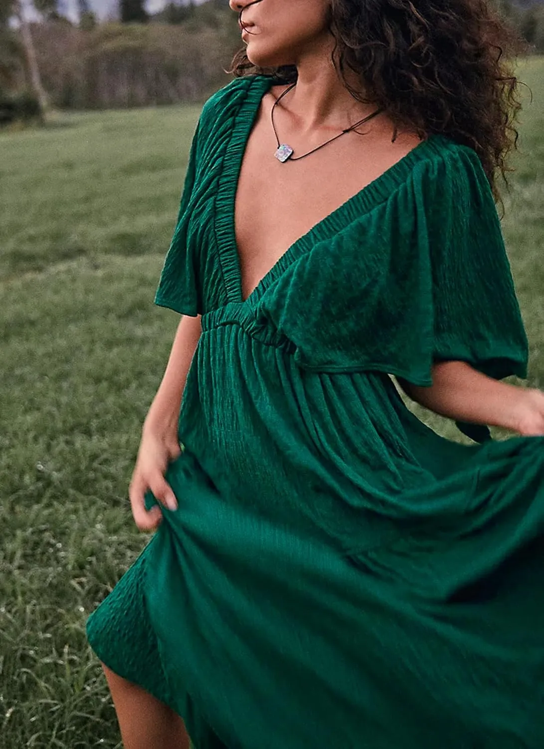Women Summer Dresses Sexy V-Neck Maxi Dress Tiered Silhouette with Flutter Sleeve Backless Elastic Waist Flowy Dress
