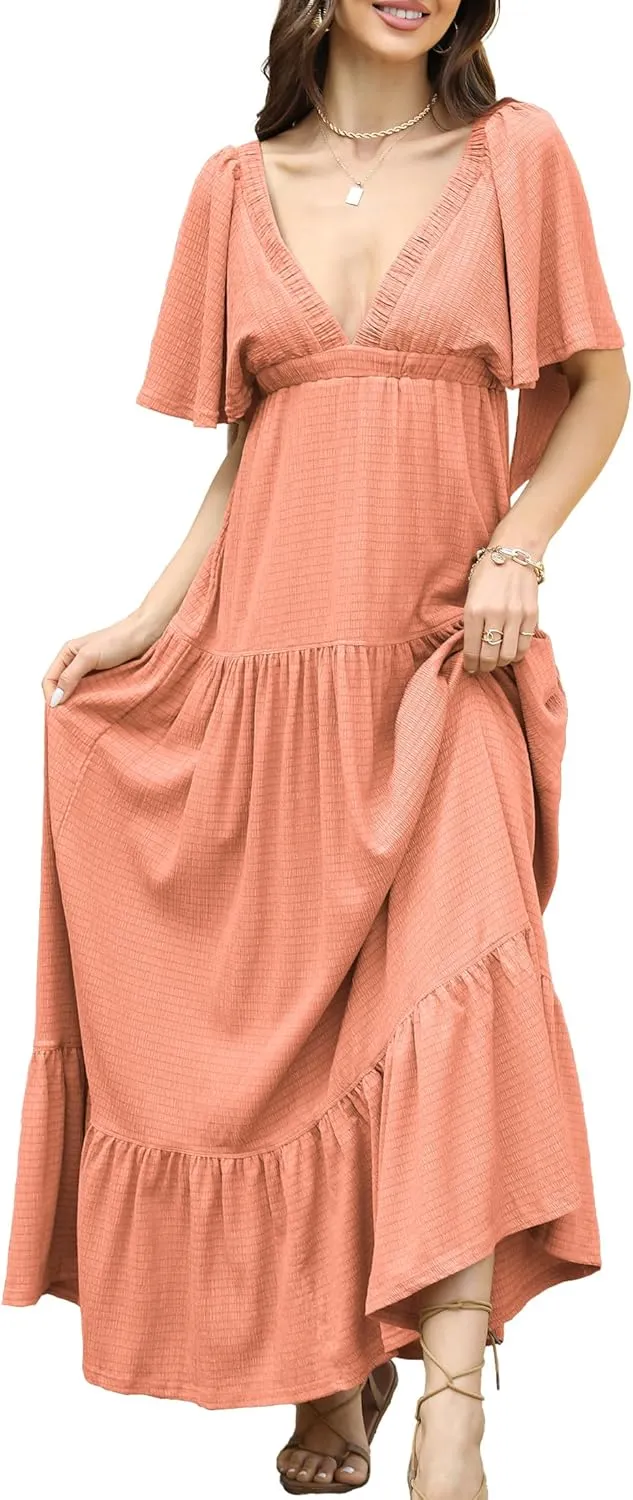 Women Summer Dresses Sexy V-Neck Maxi Dress Tiered Silhouette with Flutter Sleeve Backless Elastic Waist Flowy Dress