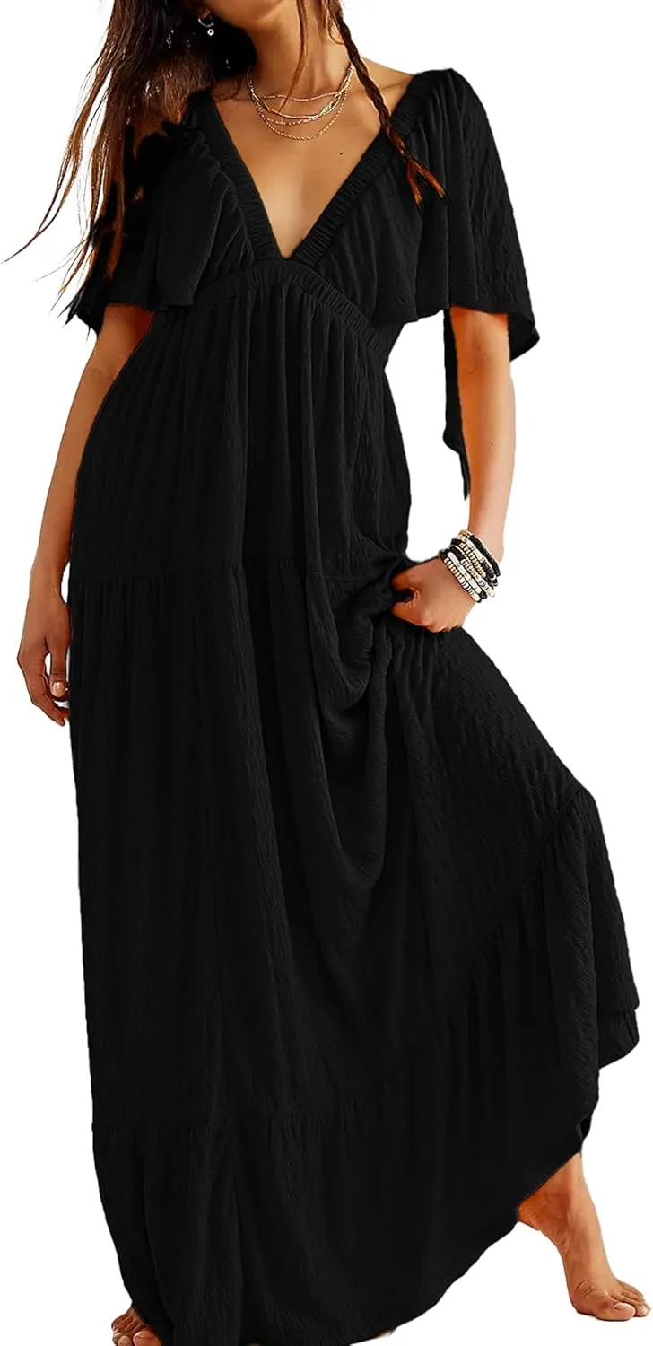 Women Summer Dresses Sexy V-Neck Maxi Dress Tiered Silhouette with Flutter Sleeve Backless Elastic Waist Flowy Dress