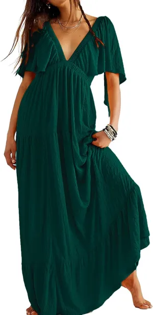 Women Summer Dresses Sexy V-Neck Maxi Dress Tiered Silhouette with Flutter Sleeve Backless Elastic Waist Flowy Dress