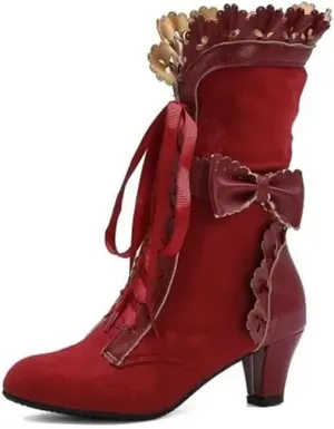 Women Sweet Bow-knot Boots Mid Heels Lace Up Medieval Renaissance Victorian Boots Cosplay Mid-Calf Kawaii Boot with Ruffles