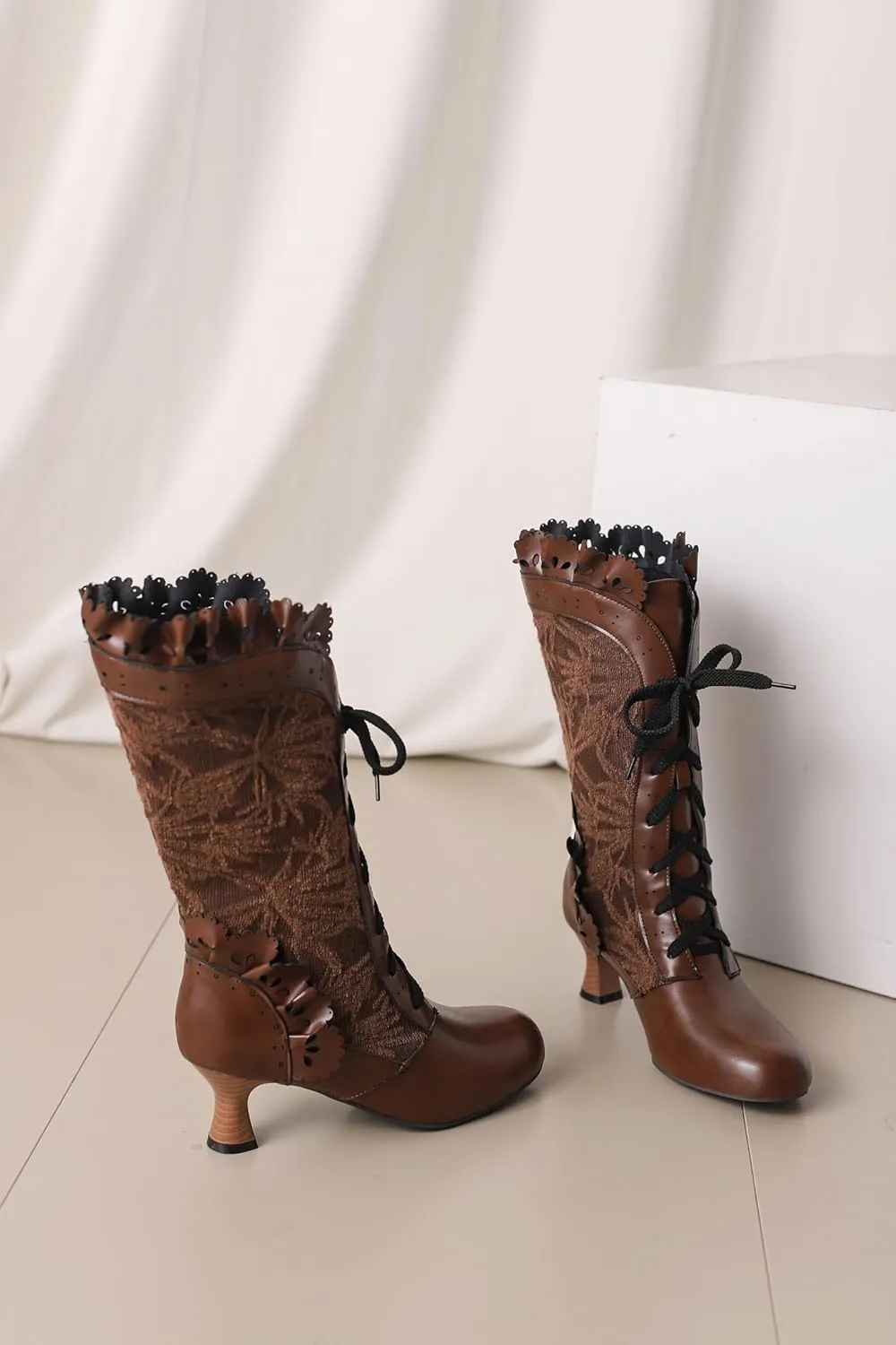 Women Sweet Bow-knot Boots Mid Heels Lace Up Medieval Renaissance Victorian Boots Cosplay Mid-Calf Kawaii Boot with Ruffles