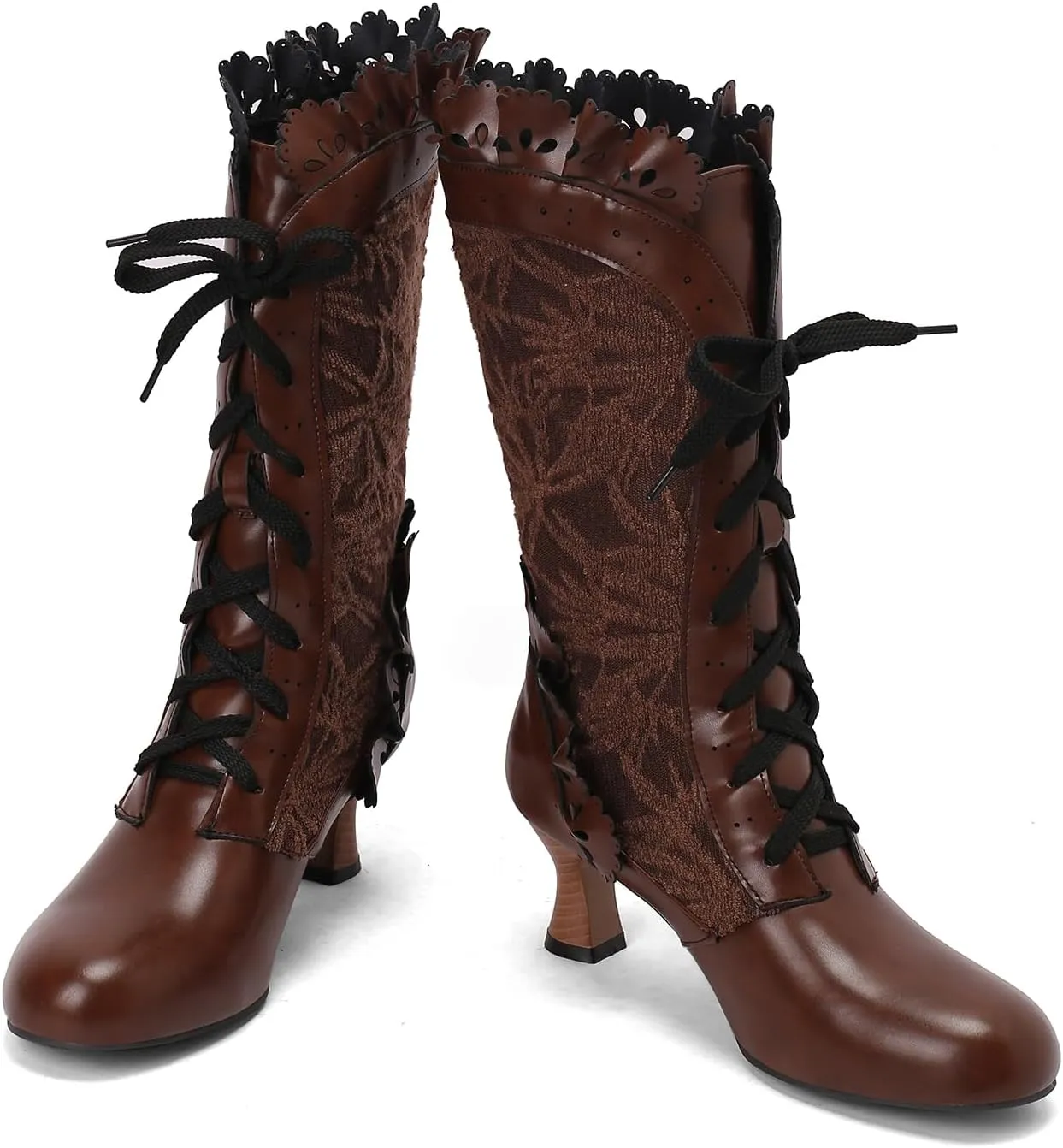 Women Sweet Bow-knot Boots Mid Heels Lace Up Medieval Renaissance Victorian Boots Cosplay Mid-Calf Kawaii Boot with Ruffles